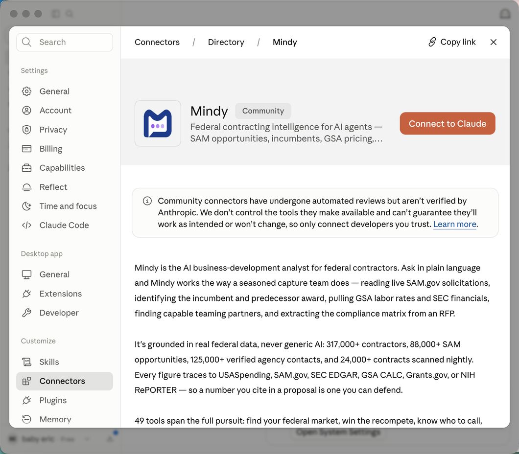 Find Mindy and click "Connect to Claude"